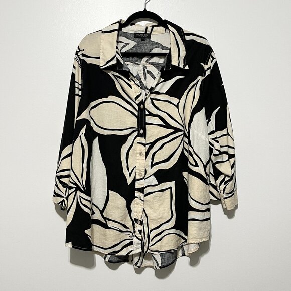 Rachel Zoe Womens Linen Blend Button Up Shirt Size 3X Bold Floral Beach Artsy - Picture 1 of 11
